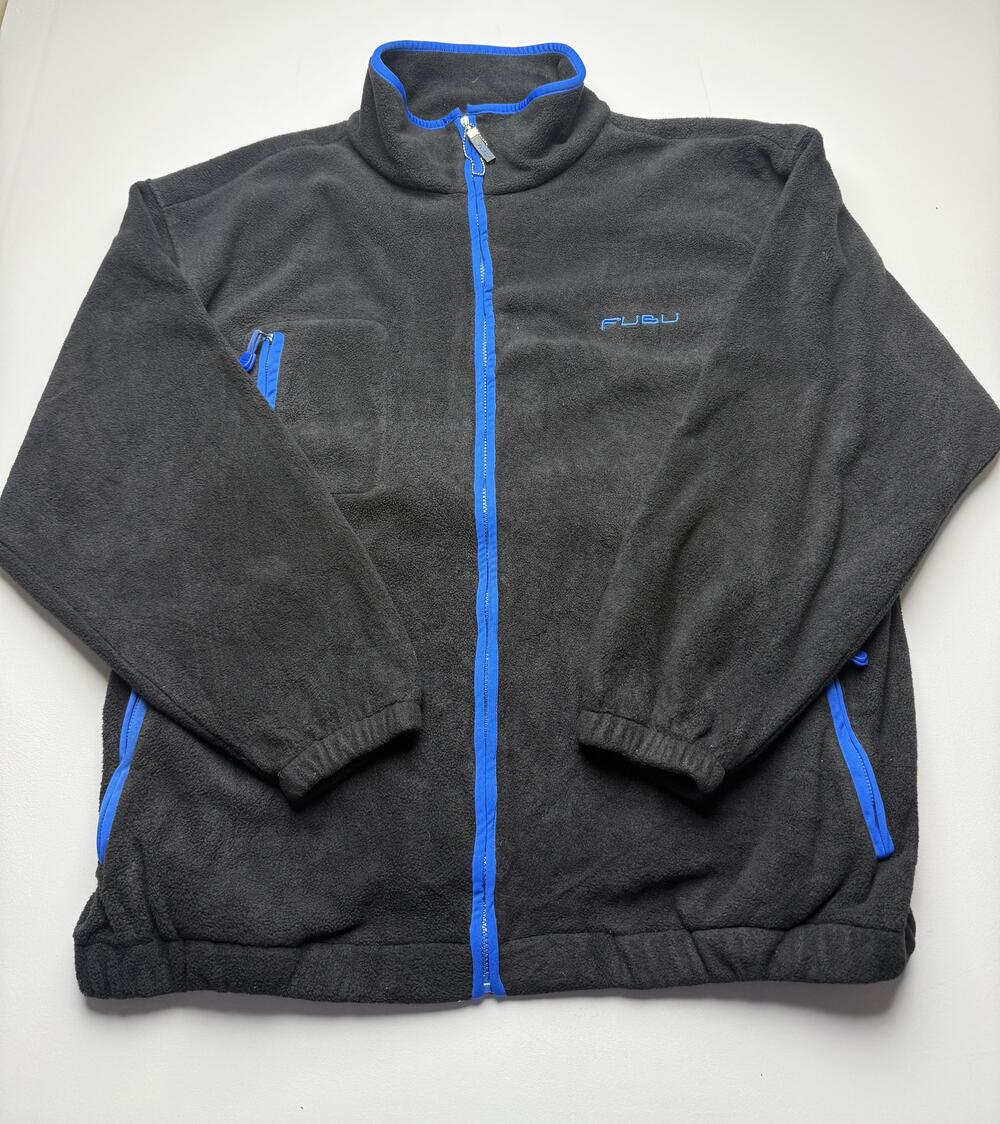 Vintage FUBU Jacket Mens 2XL Gray Fleece Full Zip Sports Logo Pockets Casual